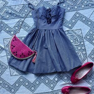 Bebe Black & White Gingham Bustier Mini Dress XXS Adjustable Straps Fit & Flare